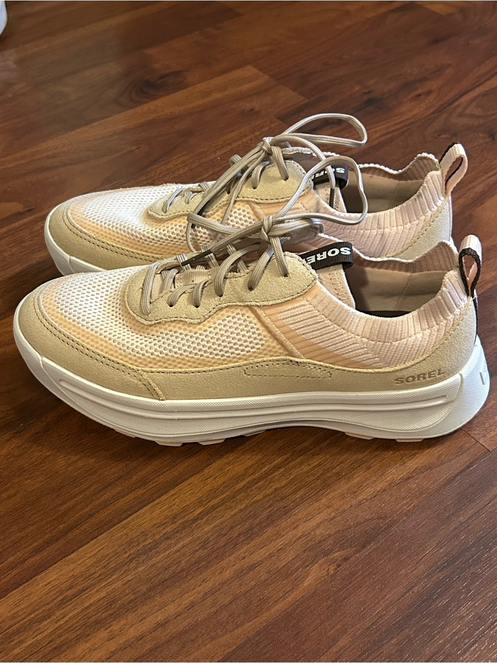 Sorel ONA 503 Women's White/Peach Sand/Beige Knit Lace-Up Platform Sneaker 9